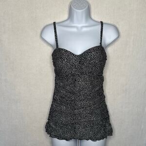 NWOT Shore Shapes Black Micro Polka Dot Ruched Swimdress Tankini Set – Size 8